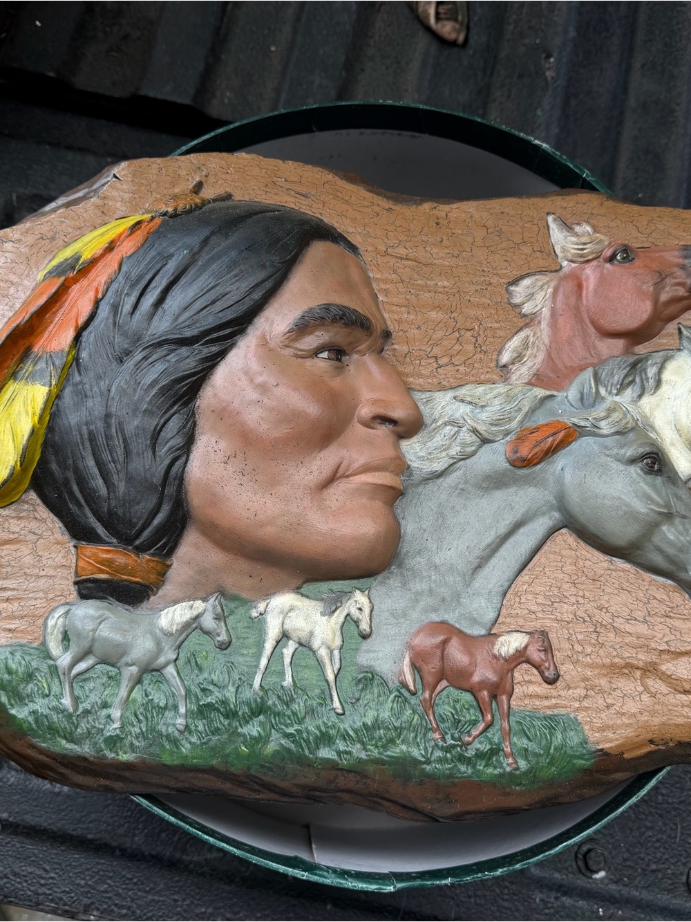 Hand-Painted Native American Profile Wall Sculpture in Multicolor